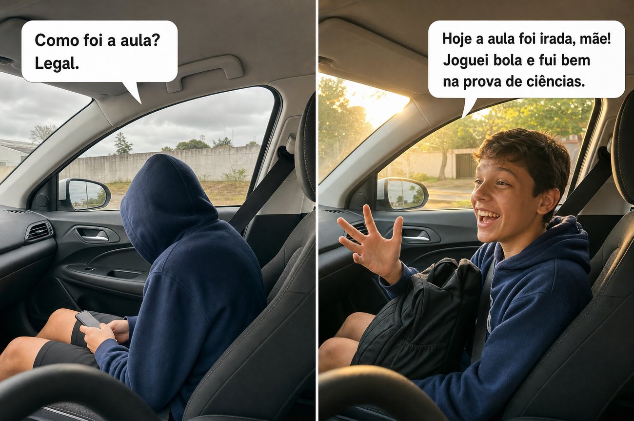 Imagem dividida ao meio, vista do lugar do motorista. À esquerda, o menino de capuz e cabeça baixa no celular, com um balão: “Como foi a aula?” “Legal.” À direita, o mesmo menino virado para a mãe, sorrindo e gesticulando, com um balão: “Hoje a aula foi irada, mãe! Joguei bola e fui bem na prova de ciências.”